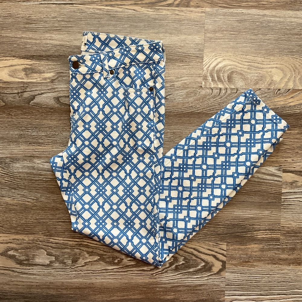 Vineyard Vines Blue and White Geometric Print Mid Rise Skinny Ankle Jeans 8